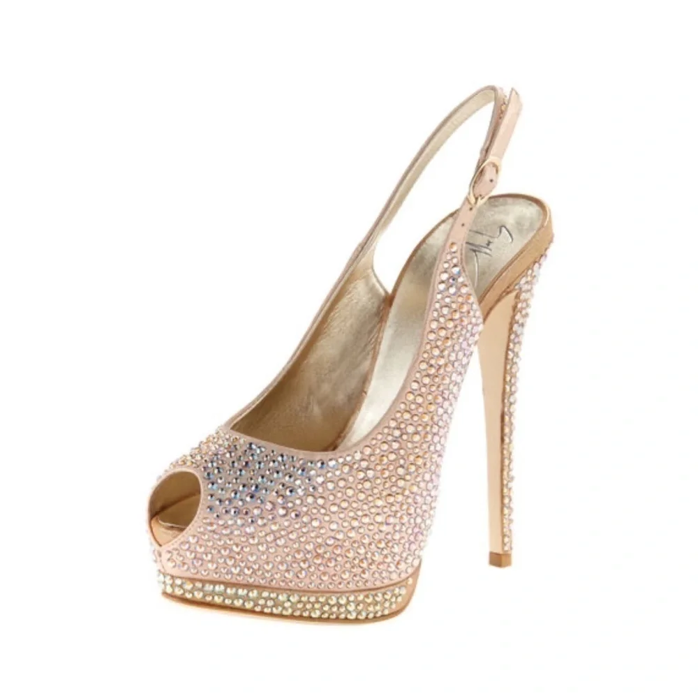 Giuseppe Zanotti Crystallized Platform Slingback Peep Toe Pumps, Size 39.5EU‎